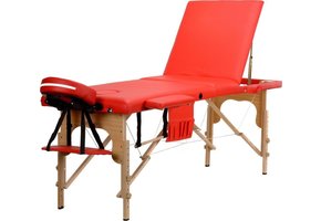 Houten massagetafel - 3 segmenten - verstelbaar - rood ECO-leer - 213 cm lang