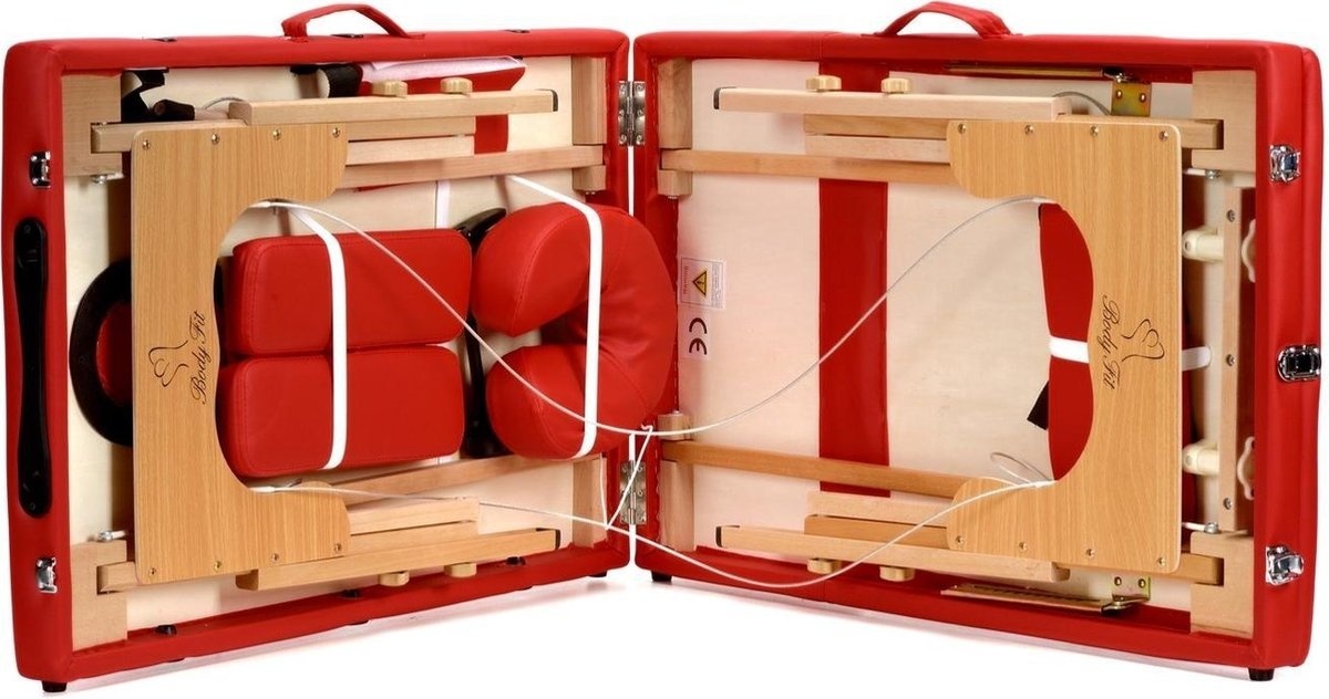 Houten massagetafel - 3 segmenten - verstelbaar - rood ECO-leer - 213 cm lang