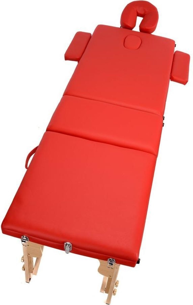 Houten massagetafel - 3 segmenten - verstelbaar - rood ECO-leer - 213 cm lang