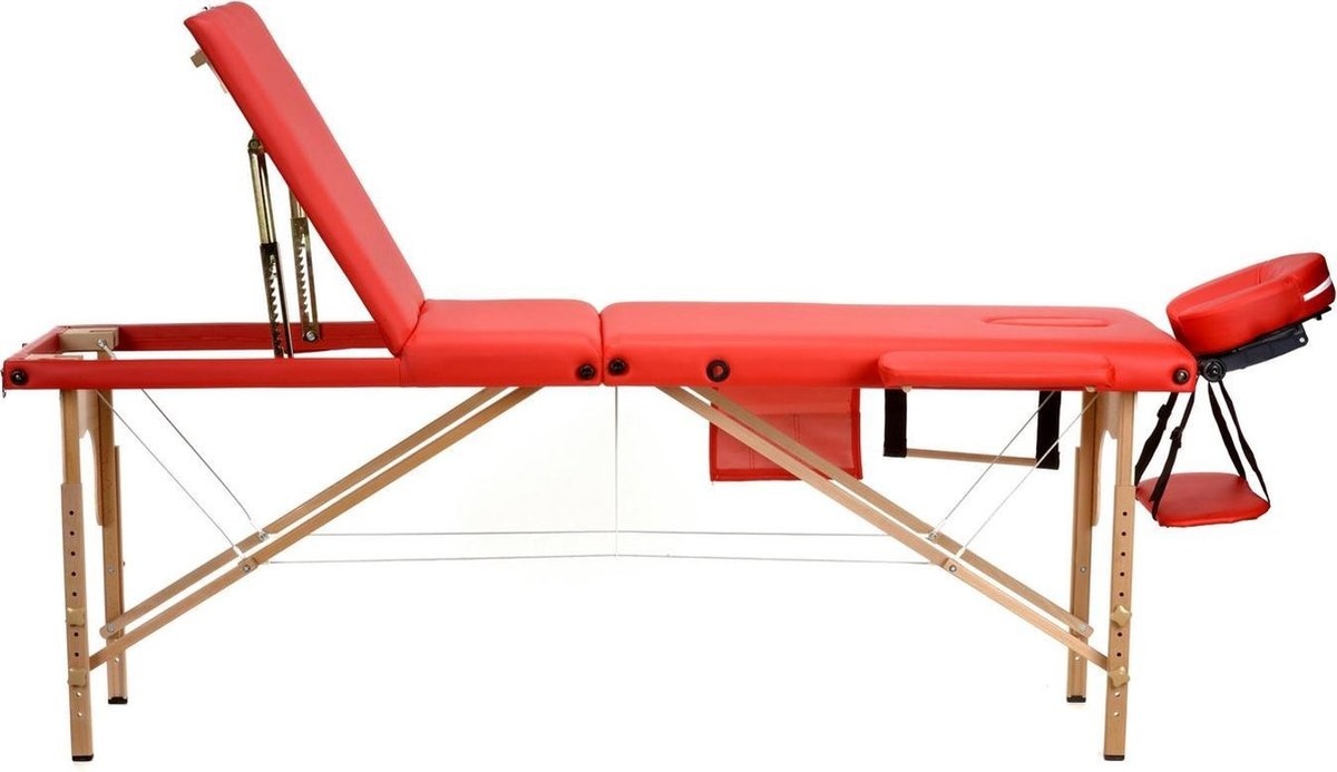 Houten massagetafel - 3 segmenten - verstelbaar - rood ECO-leer - 213 cm lang