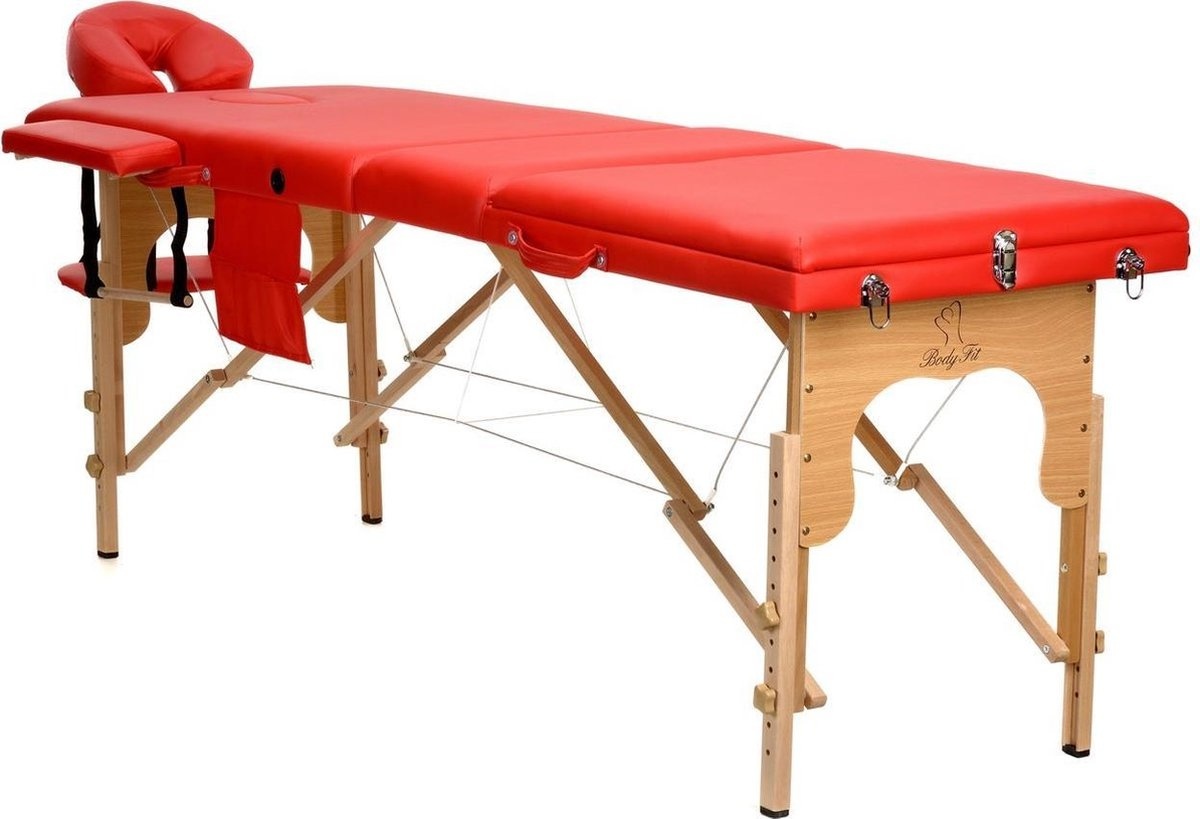 Houten massagetafel - 3 segmenten - verstelbaar - rood ECO-leer - 213 cm lang