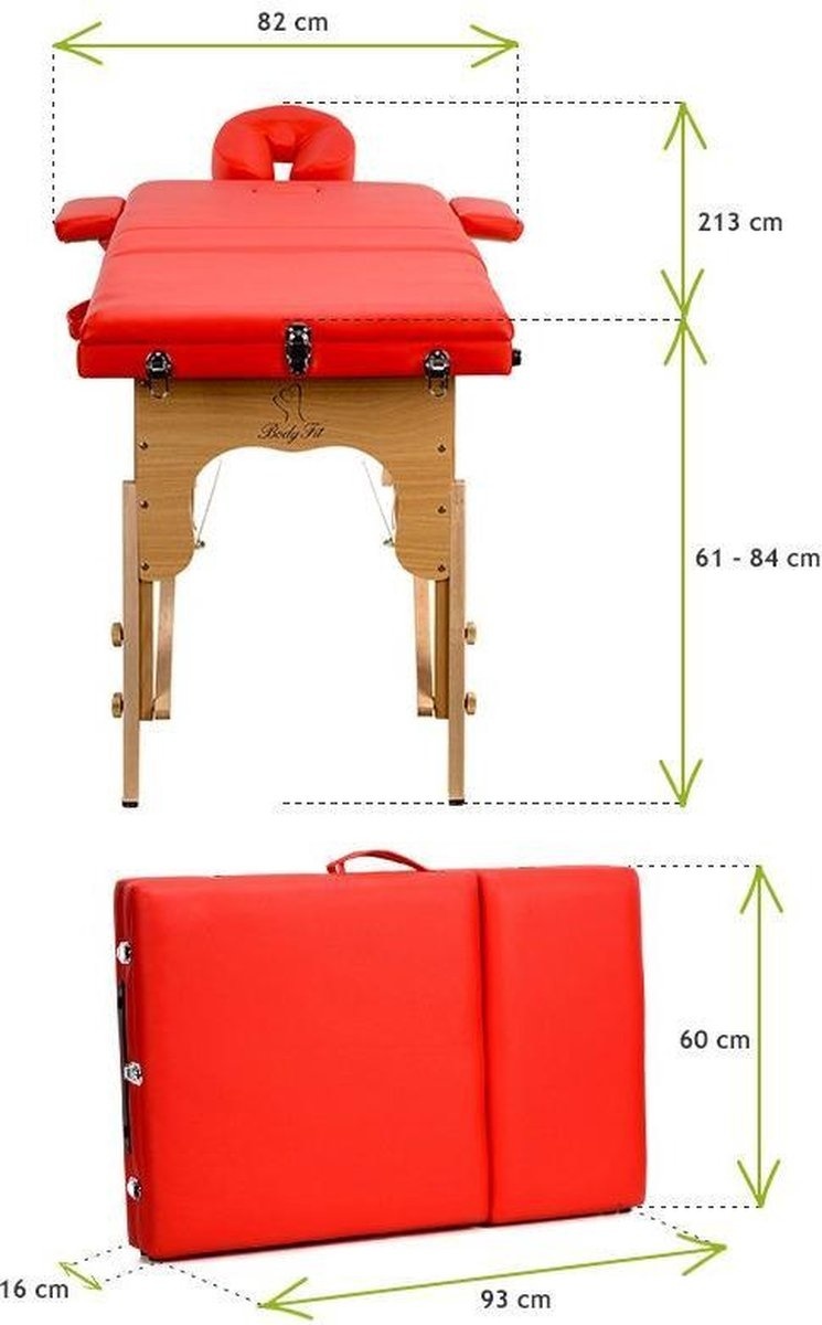 Houten massagetafel - 3 segmenten - verstelbaar - rood ECO-leer - 213 cm lang