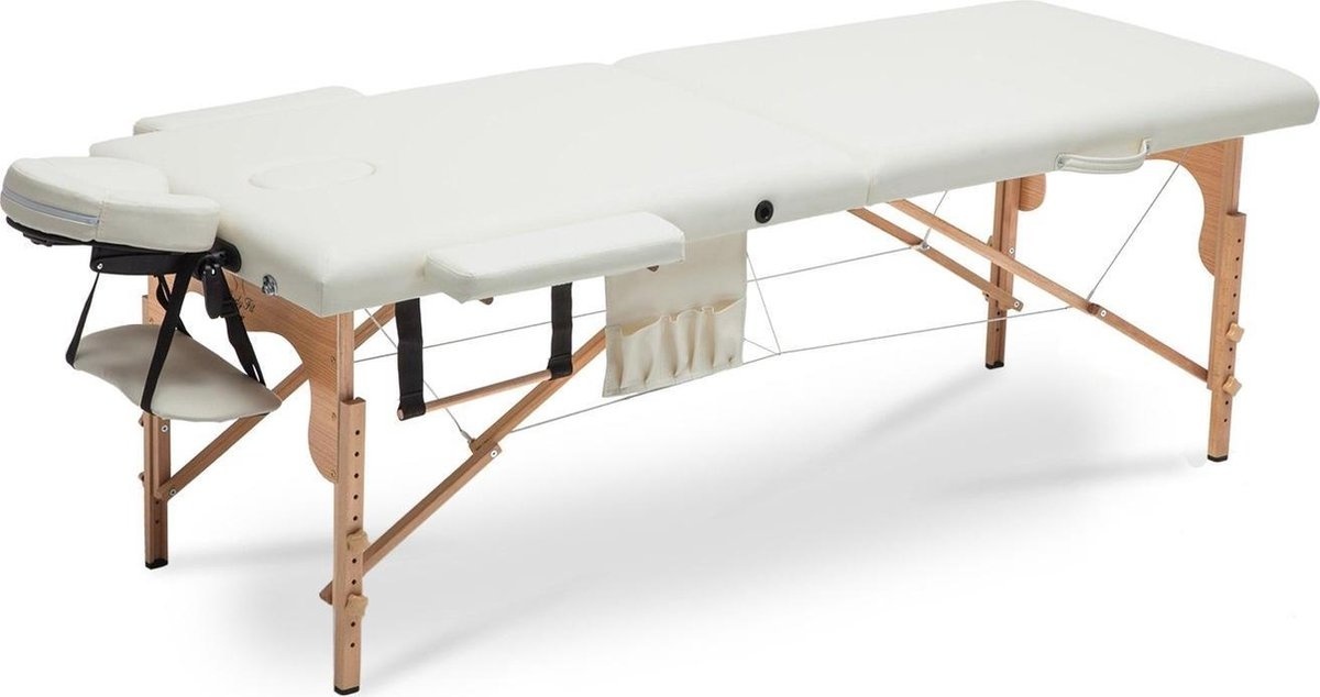 Houten massagetafel XXL - 2 segementen - verstelbaar - crème - 223 cm lang