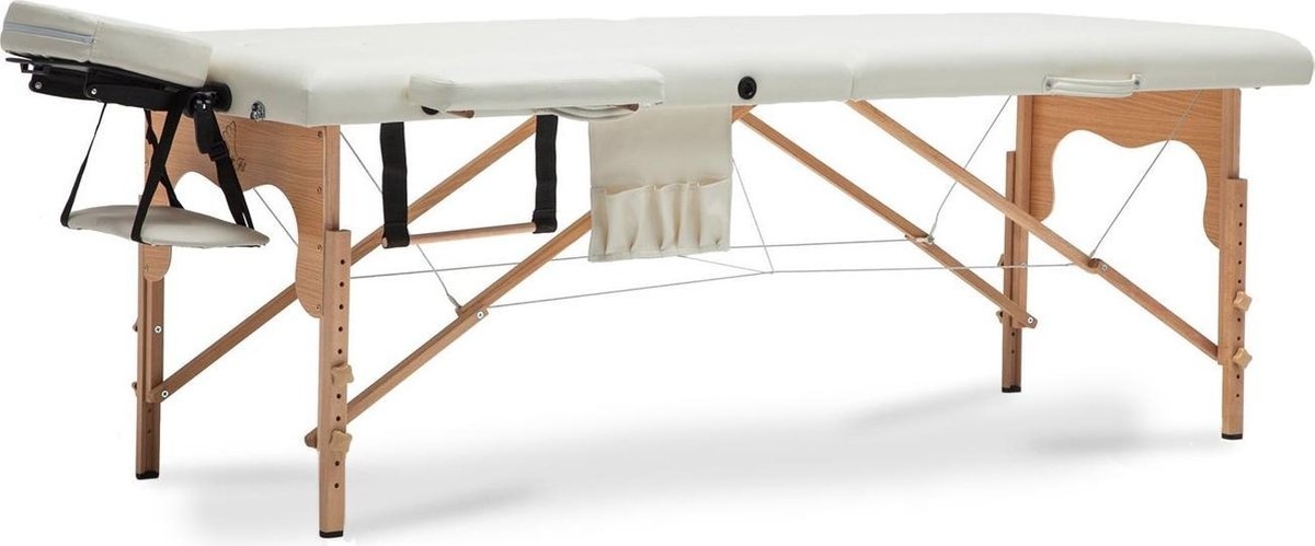 Houten massagetafel XXL - 2 segementen - verstelbaar - crème - 223 cm lang