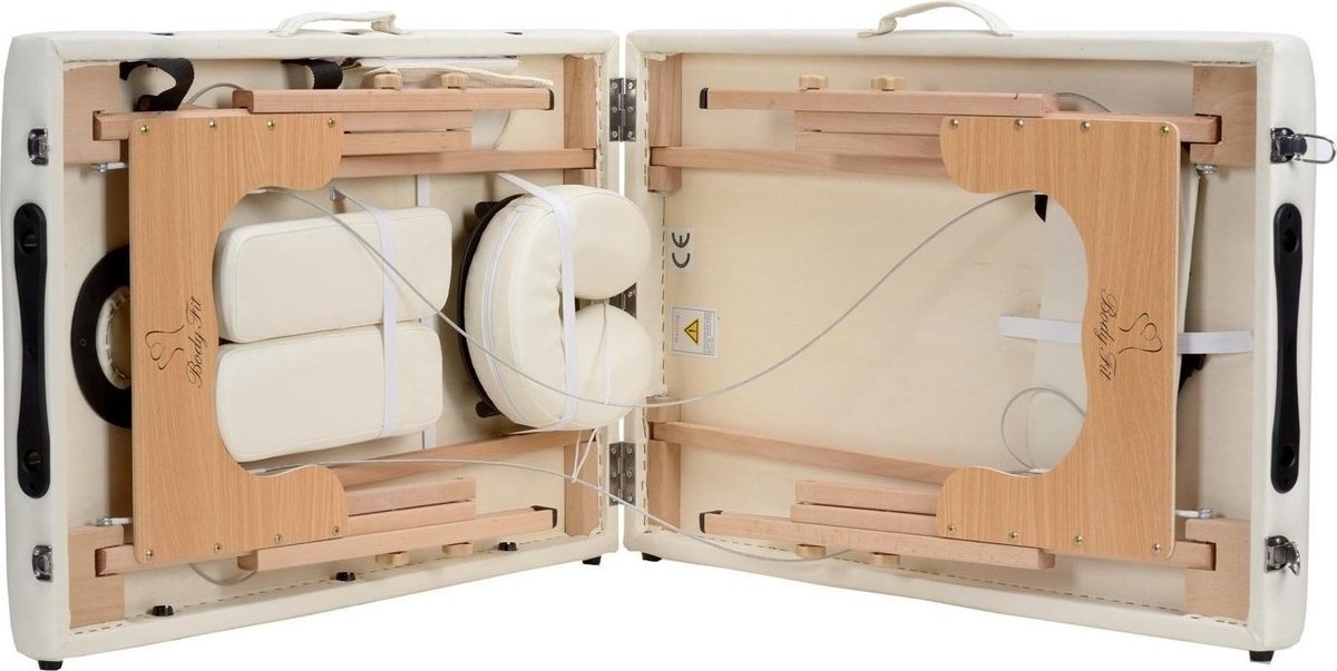 Houten massagetafel XXL - 2 segementen - verstelbaar - crème - 223 cm lang