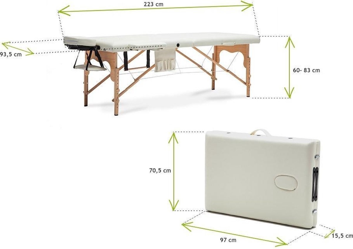 Houten massagetafel XXL - 2 segementen - verstelbaar - crème - 223 cm lang