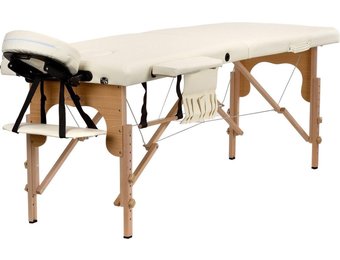 Houten massagetafel - 2 segmenten - verstelbaar - crème ECO-leer - 216 cm lang