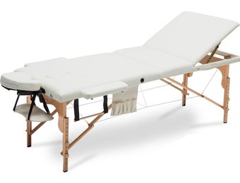Houten massagetafel XXL - 3 segementen - verstelbaar - crème - 223 cm lang