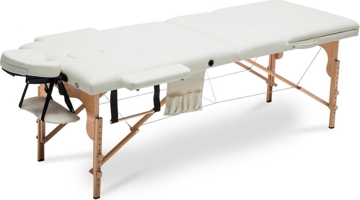 Houten massagetafel XXL - 3 segementen - verstelbaar - crème - 223 cm lang