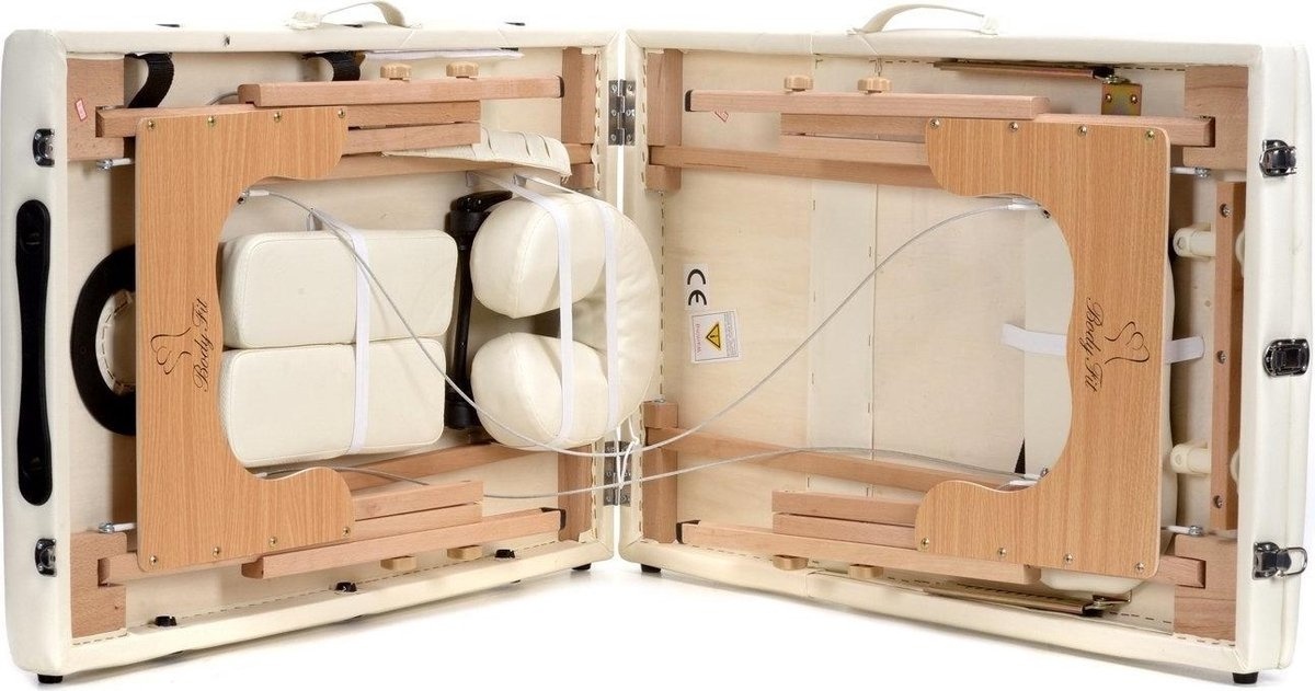 Houten massagetafel XXL - 3 segementen - verstelbaar - crème - 223 cm lang