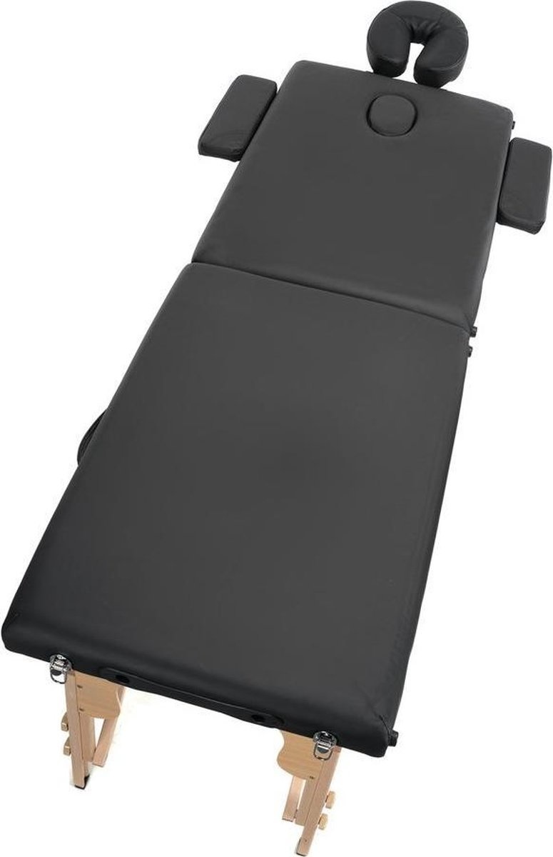 Houten massagetafel - 2 segmenten - verstelbaar - zwart ECO-leer - 216 cm lang