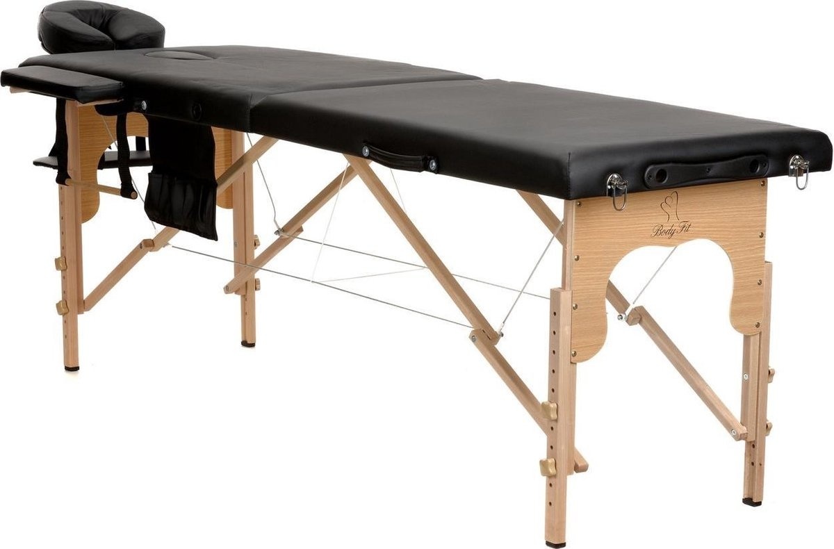 Houten massagetafel - 2 segmenten - verstelbaar - zwart ECO-leer - 216 cm lang