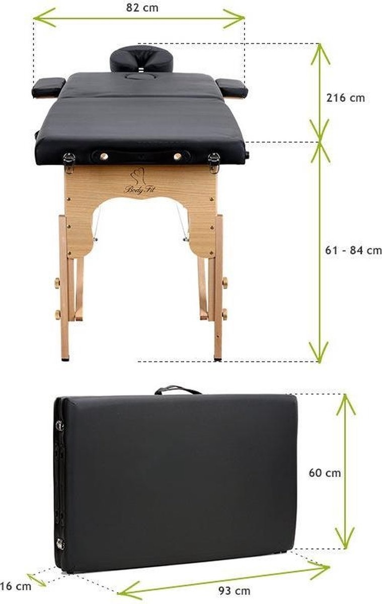 Houten massagetafel - 2 segmenten - verstelbaar - zwart ECO-leer - 216 cm lang