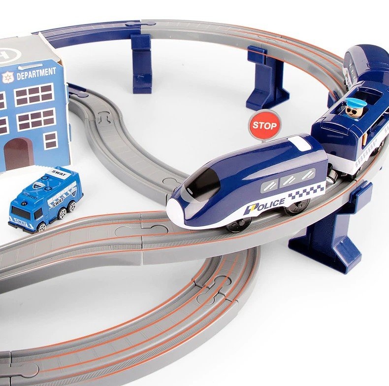 Elektrische treinbaan - politie - 92 elementen - blauw