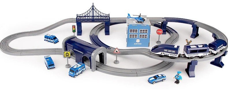 Elektrische treinbaan - politie - 92 elementen - blauw