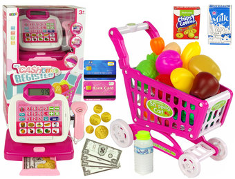 Speelgoed kassa set - met karretje - voedingsmiddelen - roze