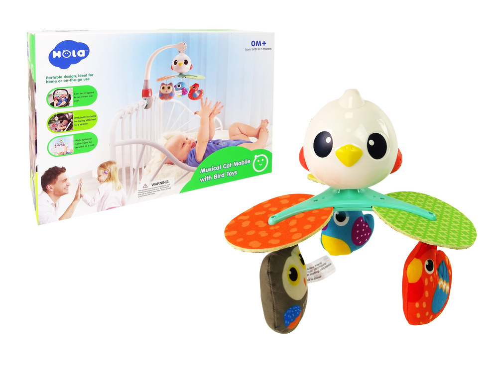 Carrousel voor baby's voor een kinderbedje, een kinderwagen, kleurrijke vogels, een melodie