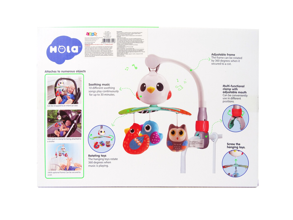 Carrousel voor baby's voor een kinderbedje, een kinderwagen, kleurrijke vogels, een melodie