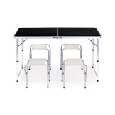 Campingtafel - 119,5x60x61,5-69,5 cm - met 4 krukjes - zwart