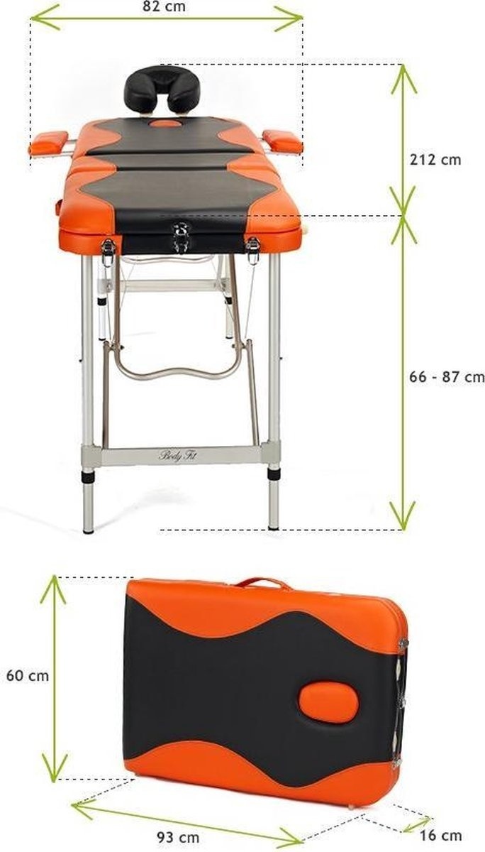 Aluminium massagetafel - 3 segmenten - verstelbaar - oranje & zwart - 212 cm lang