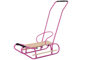 Houten slee - met rugleuning en duwstang - 83x38 cm - roze