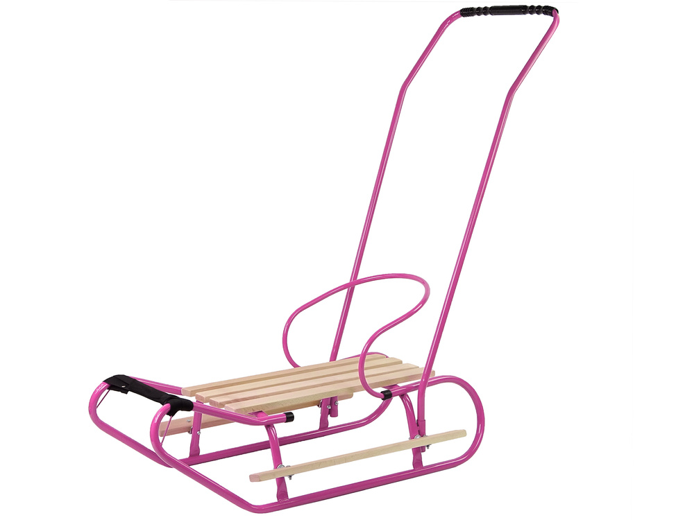 Houten slee -  met rugleuning en duwstang - 83x38 cm - roze