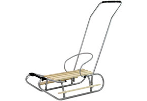 Houten slee -  met rugleuning en duwstang - 83x38 cm - zilver