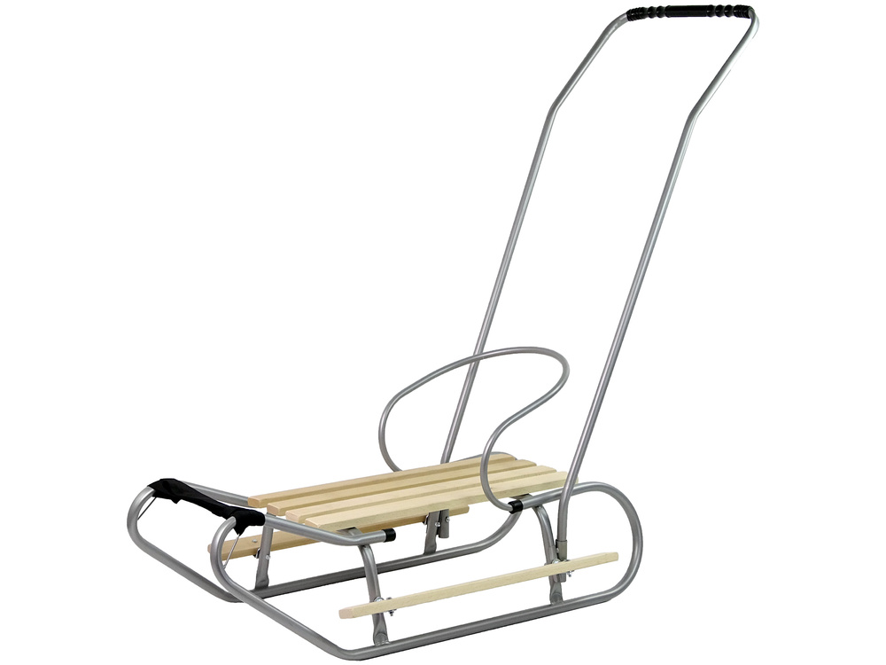 Houten slee - met rugleuning en duwstang - 83x38 cm - zilver