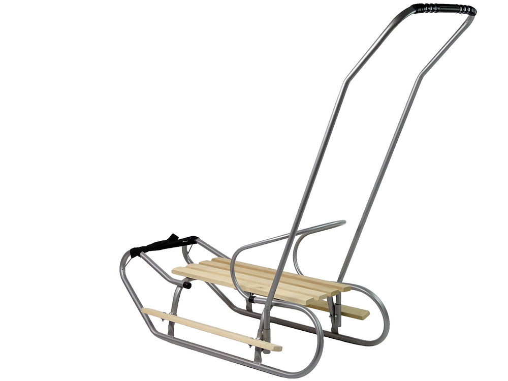 Houten slee - met rugleuning en duwstang - 83x38 cm - zilver