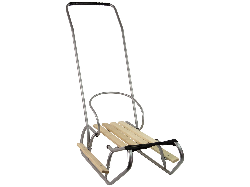 Houten slee - met rugleuning en duwstang - 83x38 cm - zilver