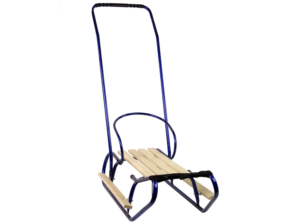Houten slee - met rugleuning en duwstang - 83x38 cm - blauw