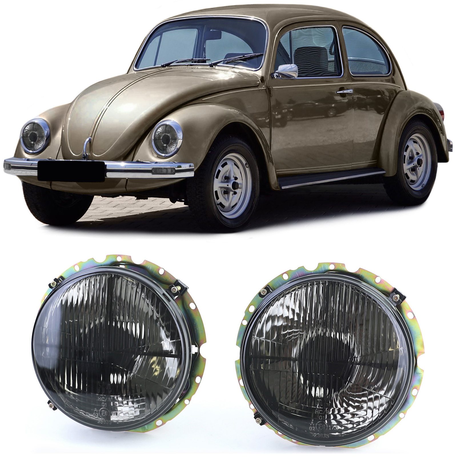Koplampen black smoke met dradenkruis passend voor VW Kever + Cabrio vanaf 73