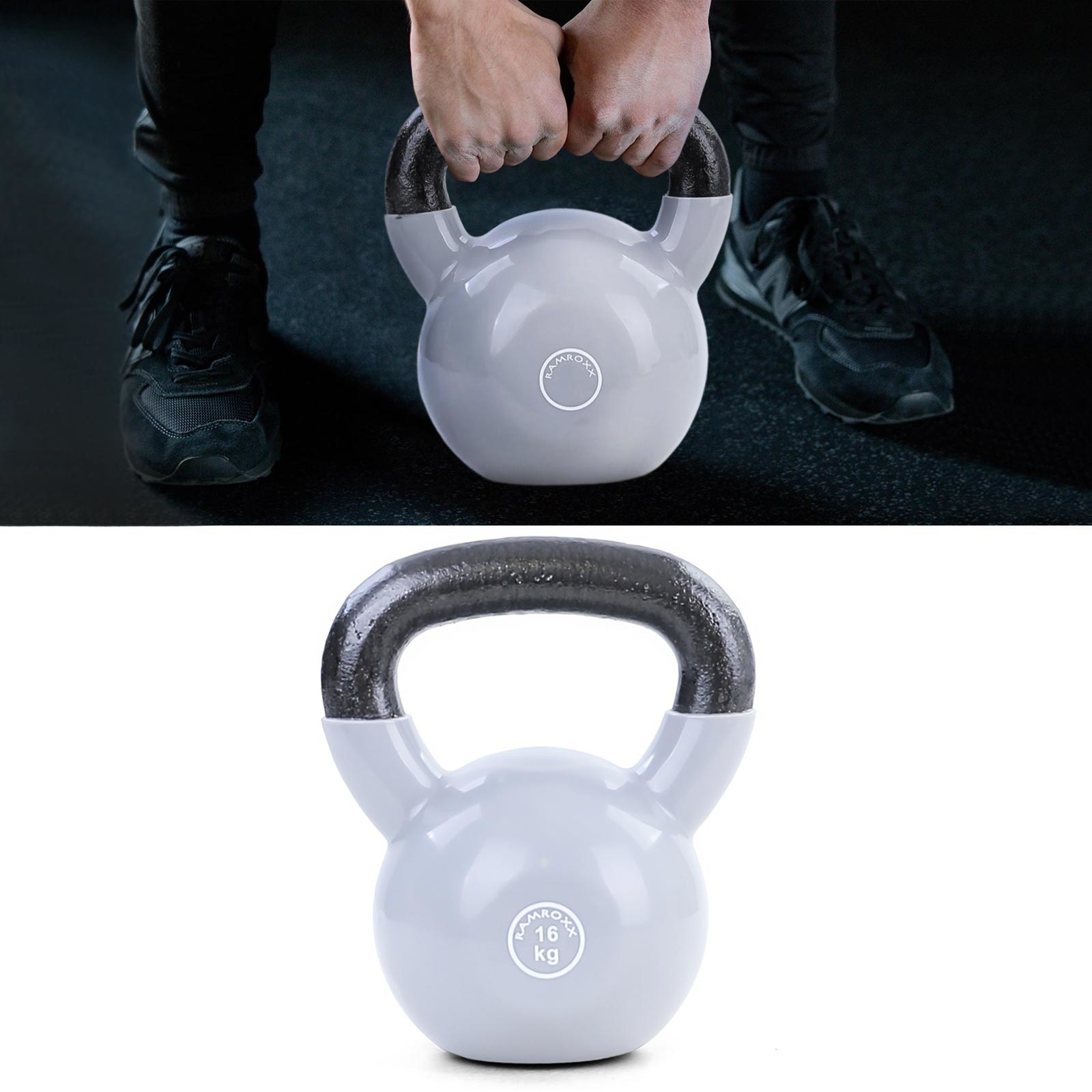 16kg Kettlebell Kettlebell Swing Bar Gietijzer Zwart Vinyl Grijs