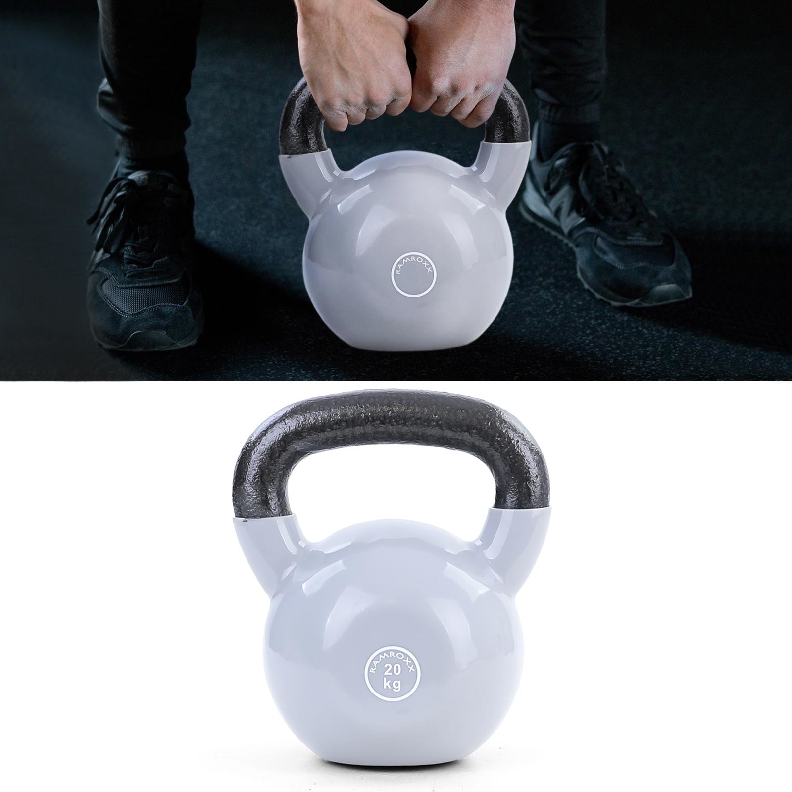 20 kg Kettlebell Kettlebell Swing Halter Gietijzer Zwart Vinyl Grijs