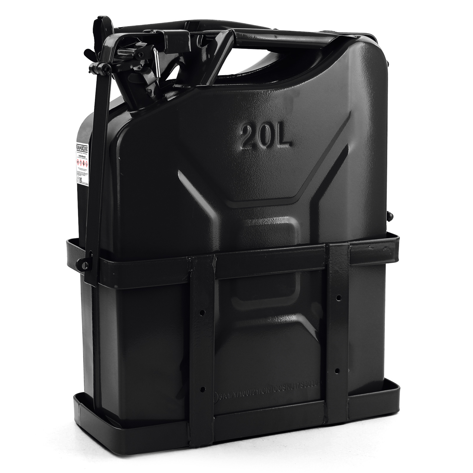 20L metalen jerrycan benzine diesel reserve met vulhals + houder zwart