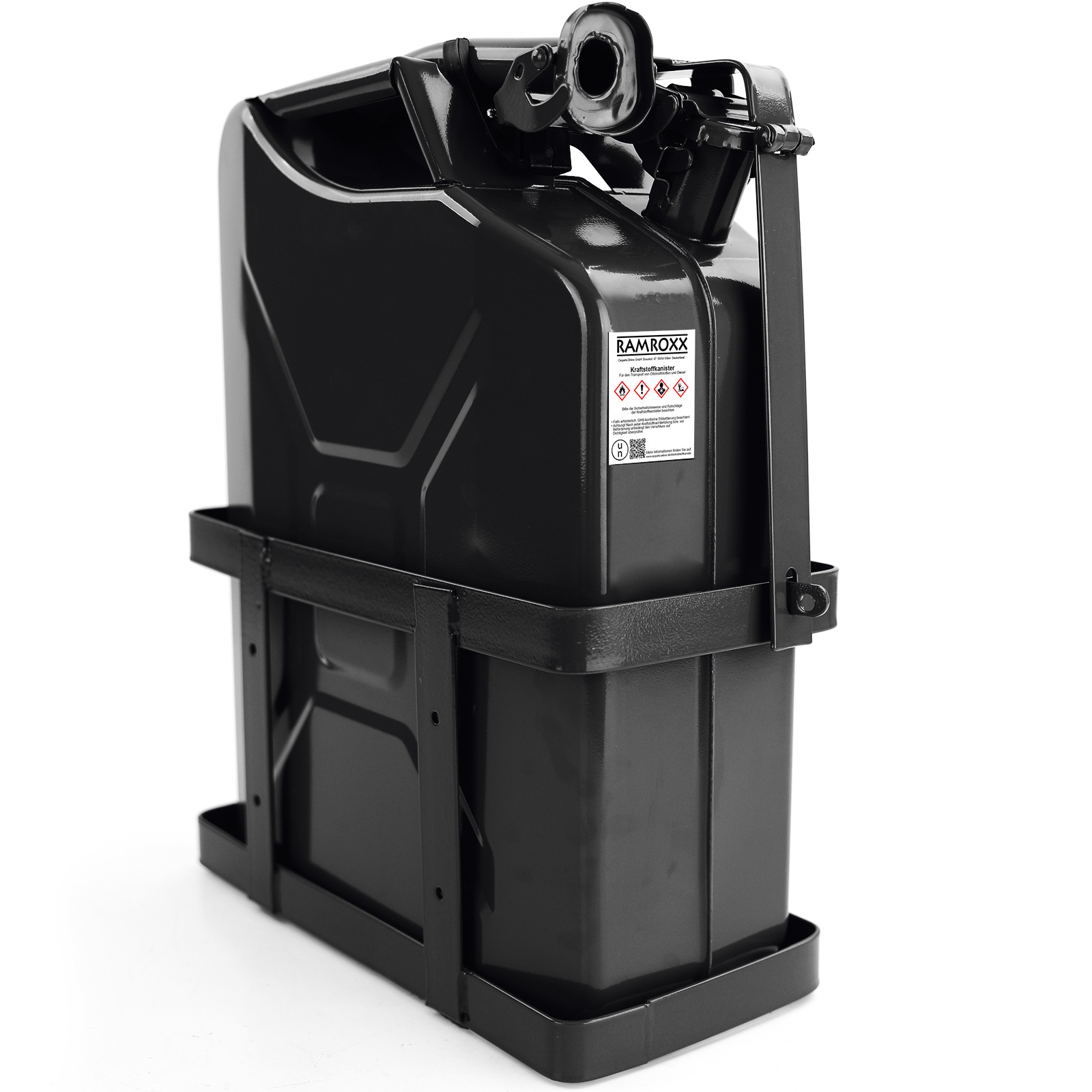 20L metalen jerrycan benzine diesel reserve met vulhals en houder zwart
