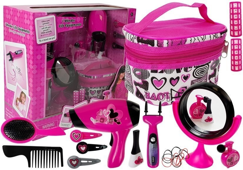 Make-up set - met haar föhn, nagellakken, borstel - roze/zwart