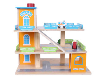 Houten garage speelgoed -  baan met lift en auto's