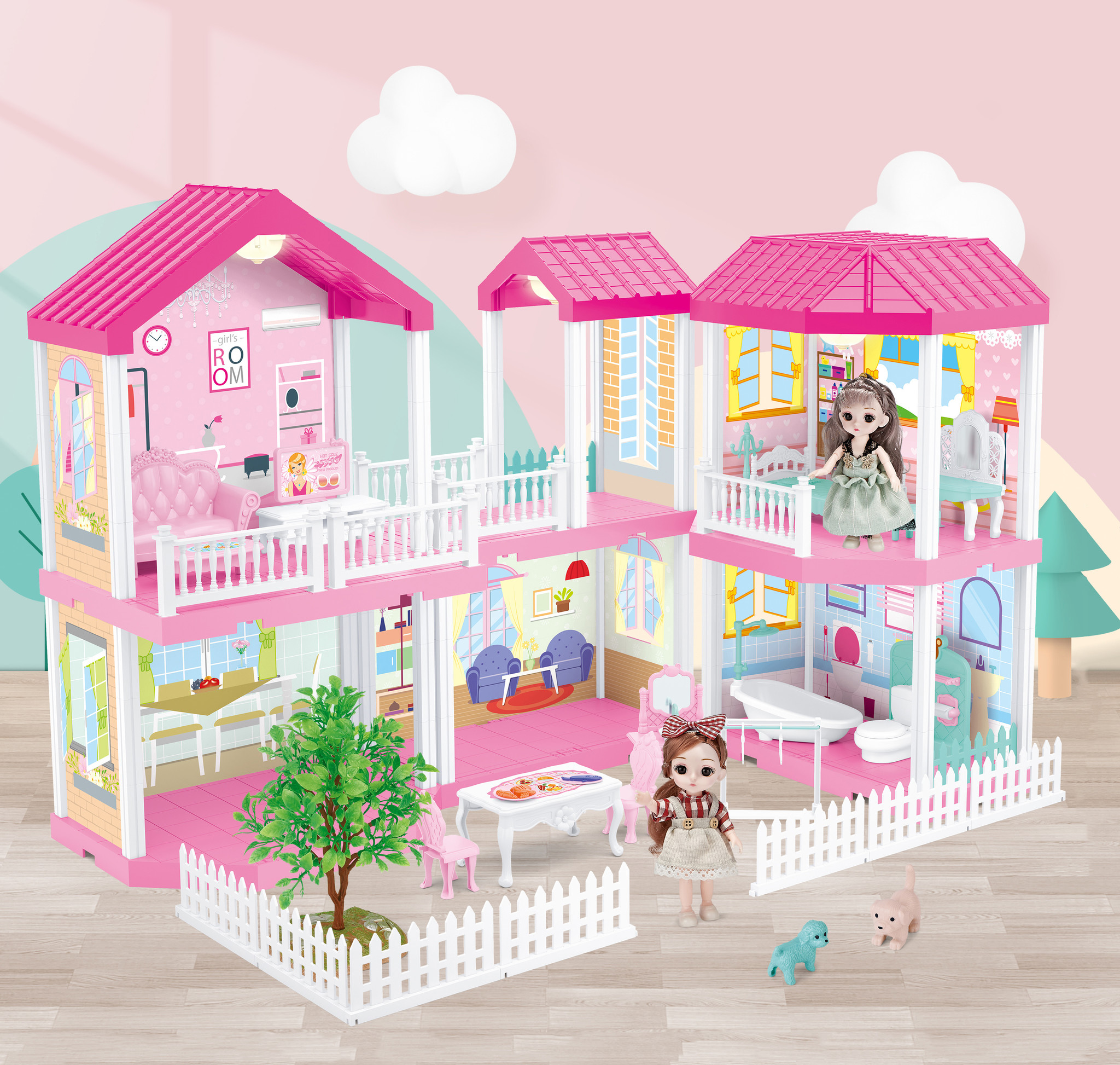 Poppenhuis - poppenhuis meubels - rose - met led