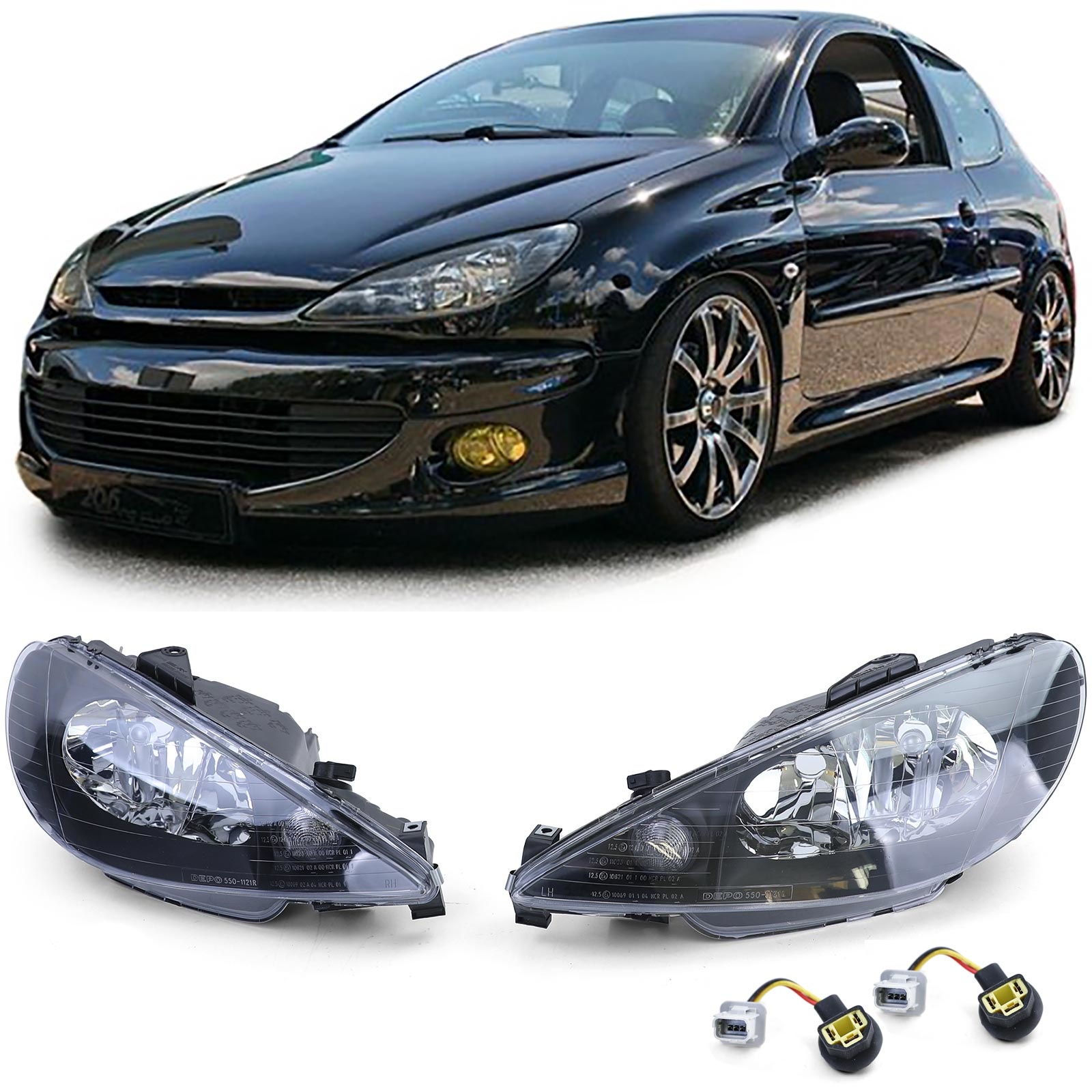 Koplampen auto - zwart H7+adapter geschikt voor Peugeot 206 vanaf 1998