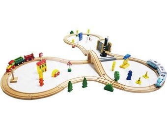 Houten treinbaan met elektrische locomotief - treinset 69 onderdelen