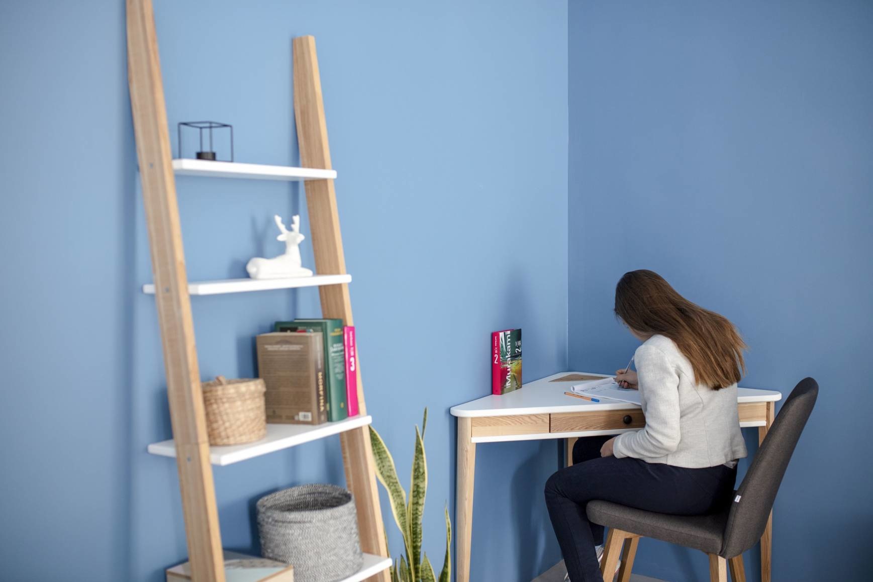 Ashme Hoekbureau - Essenhout & MDF - Zacht Blauw - 85cm Lengte - FSC Gecertificeerd