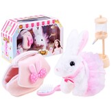 Knuffel konijn - 17x19x9 cm - interactief - met tasje - roze