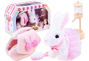 Knuffel konijn - 17x19x9 cm - interactief - met tasje - roze