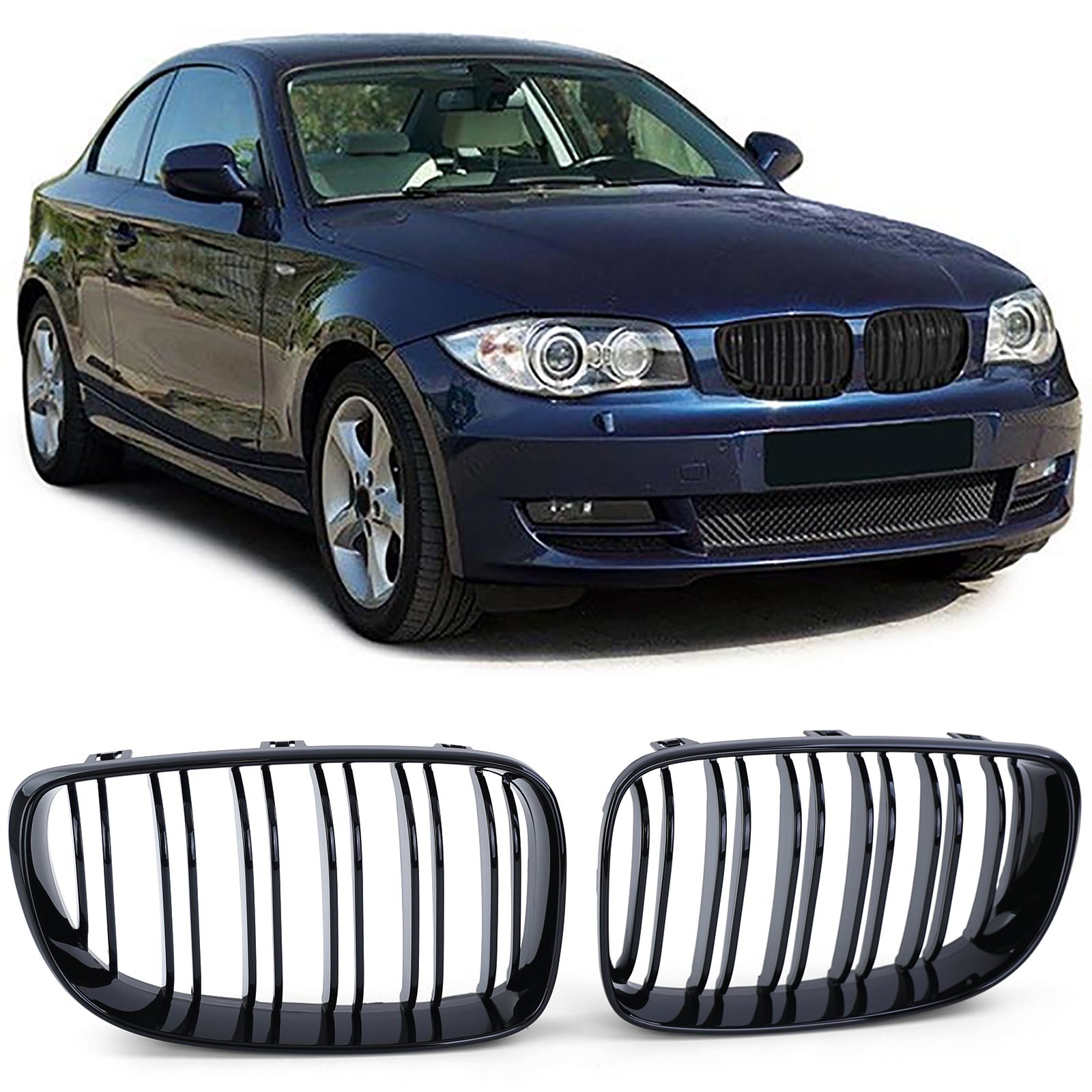 Radiateurgrill geschikt voor BMW E81 E82 E87 E88 LCI - Dubbele stang - Zwart glans