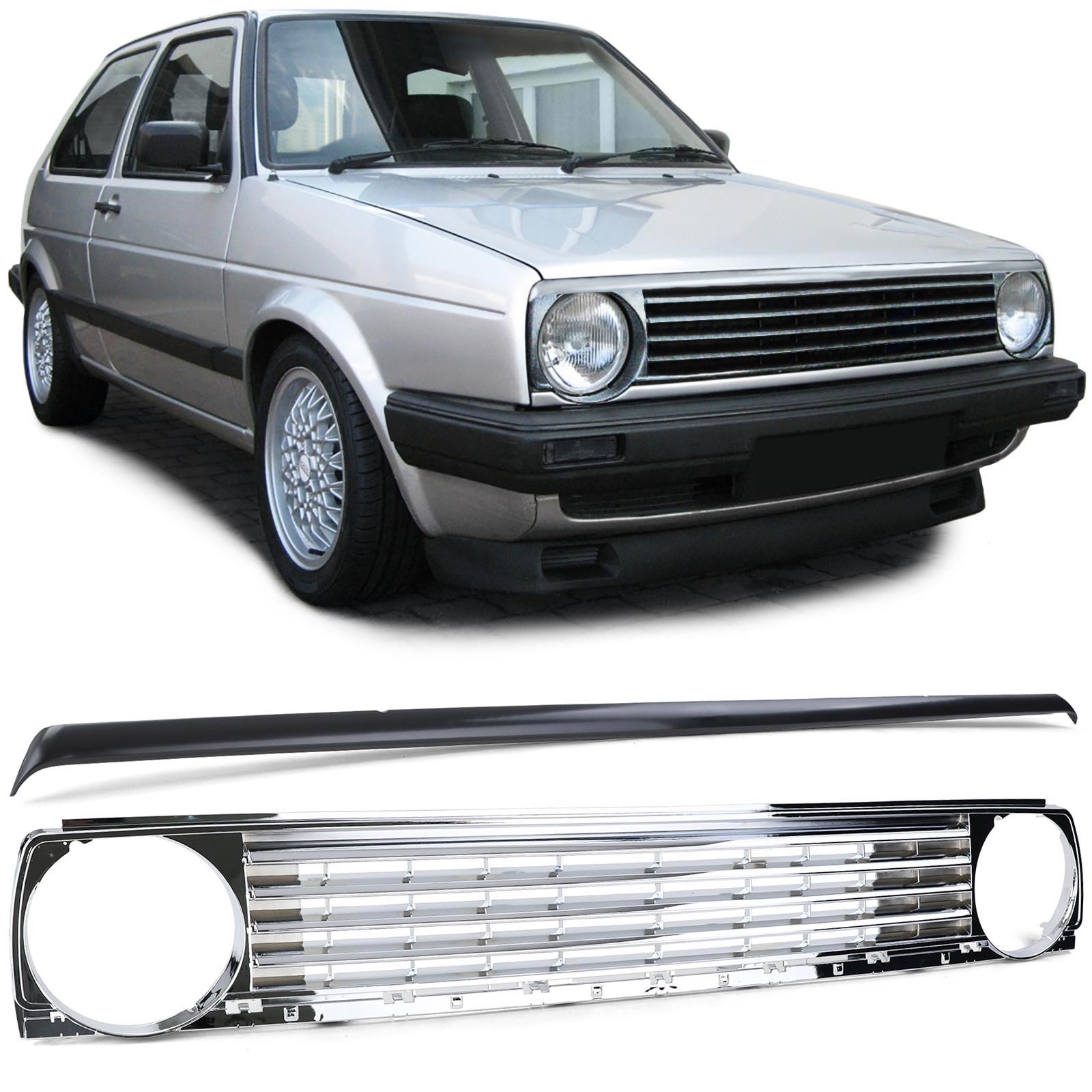 Radiateurgrill - VW Golf 2 83-91 - Badgeloos, CHROOM, grillspoiler - 63x45x8cm