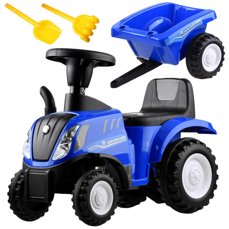 Loopauto - tractor - met aanhanger, schop & hark - blauw