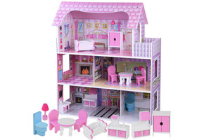 Houten poppenhuis - met meubels - 60x24x70 cm - 3 etages - roze