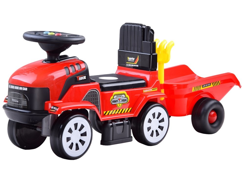 Loopauto - tractor - met aanhanger, schop & hark - rood