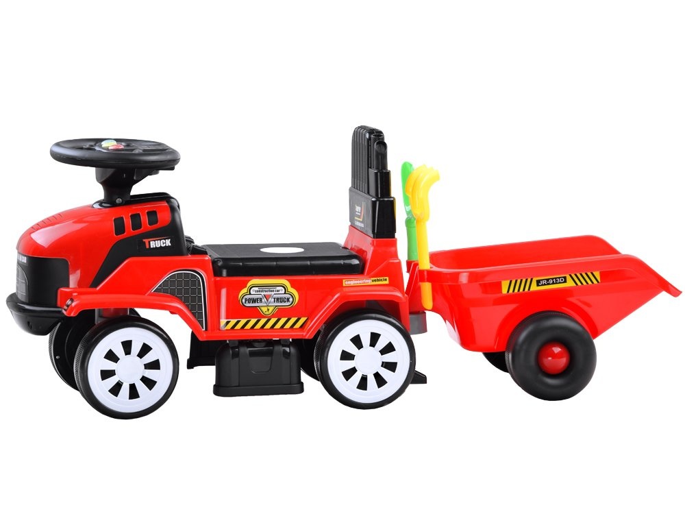 Loopauto - tractor - met aanhanger, schop & hark - rood